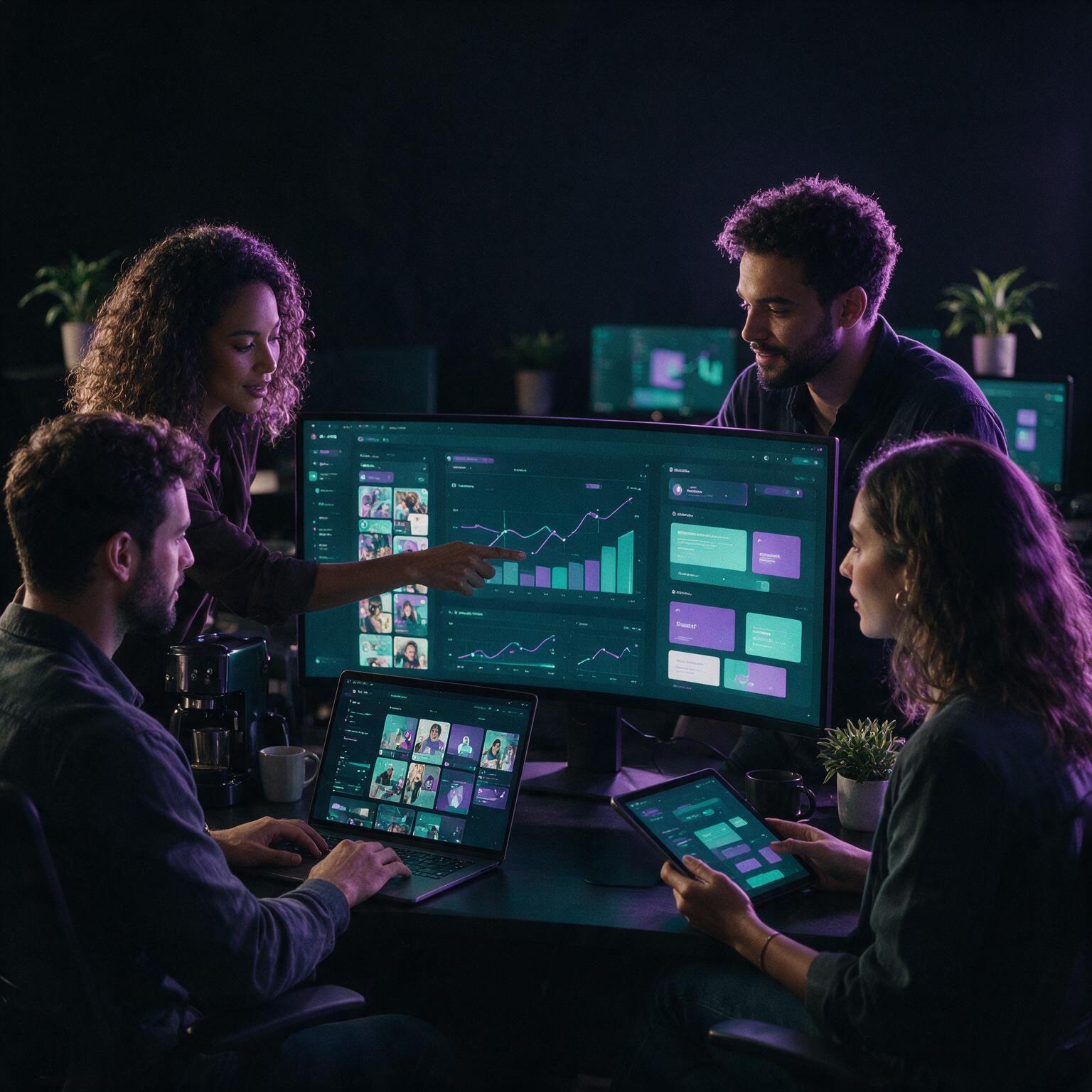 Equipe da Ímpar Digital em estúdio analisando campanhas, dashboards e conteúdo digital